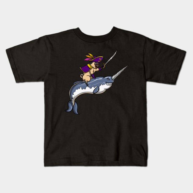 Pug Pirate Riding Narwhal Fish Kids T-Shirt by underheaven